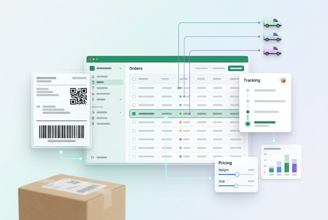 Orderoverzicht met verzendlabel, tracking en drie vervoerders
