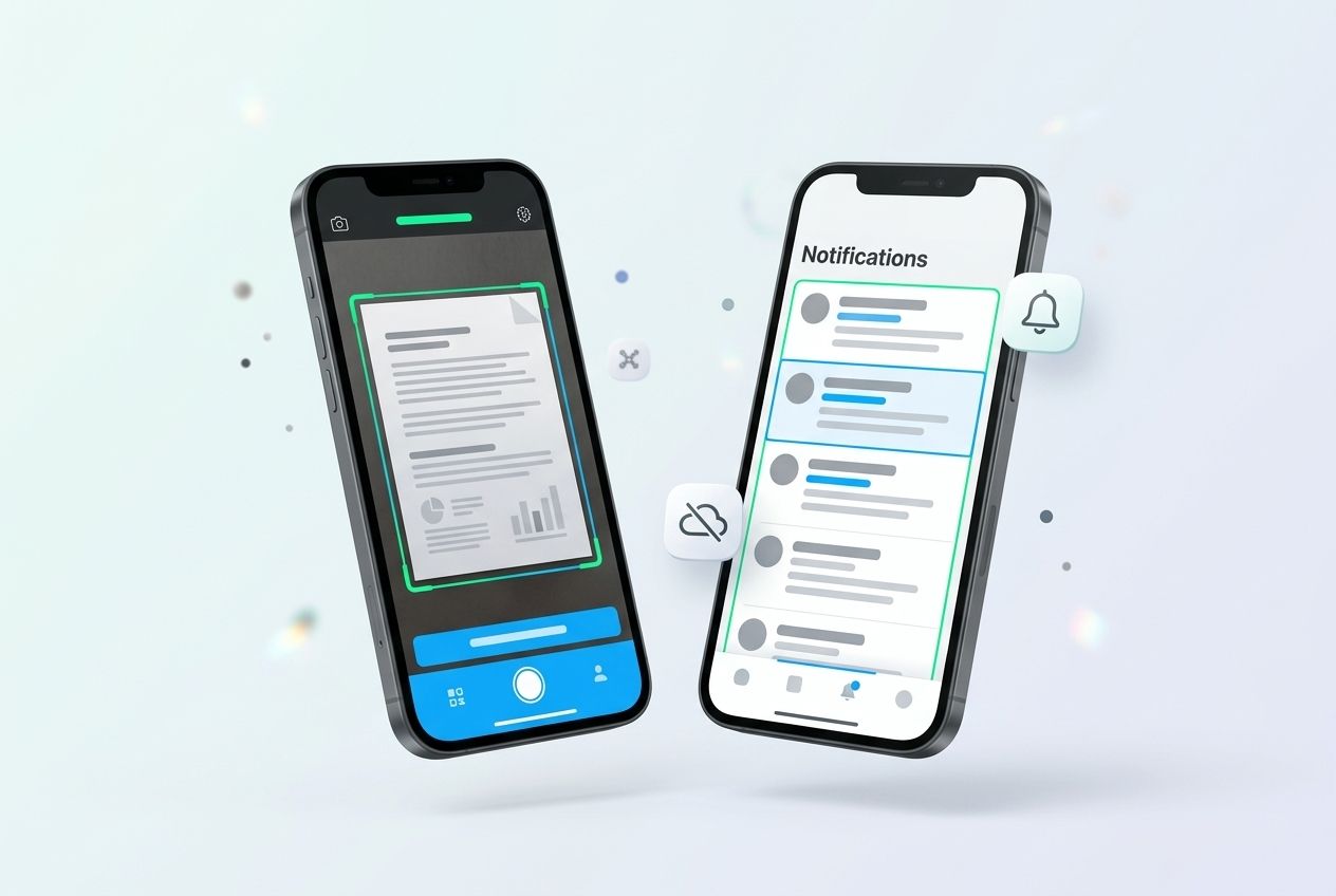 Twee smartphones met een zakelijke app: een camerascherm en een lijst met meldingen