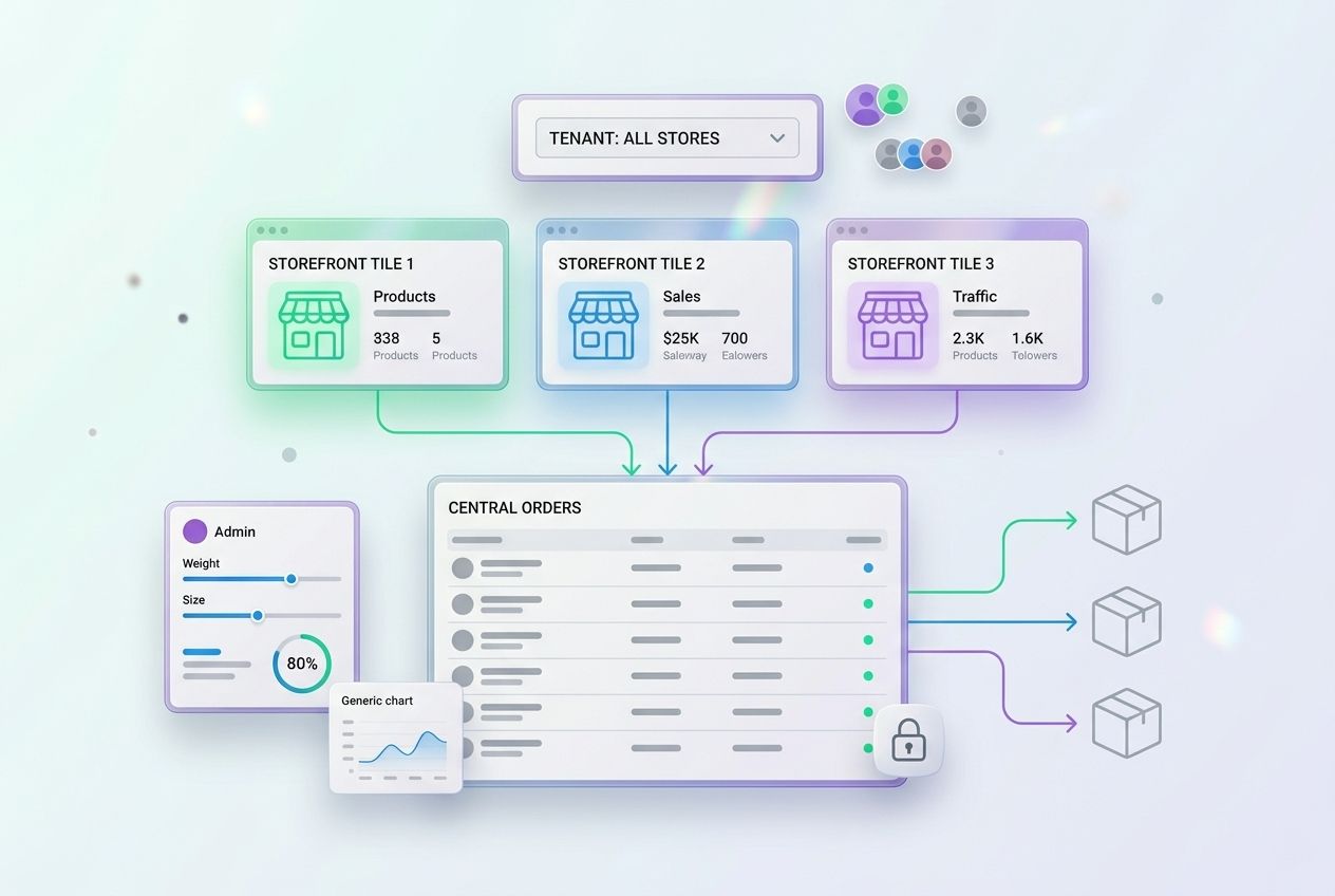 Beheerscherm van een ecommerceplatform waarin drie webshops samenkomen in één orderoverzicht