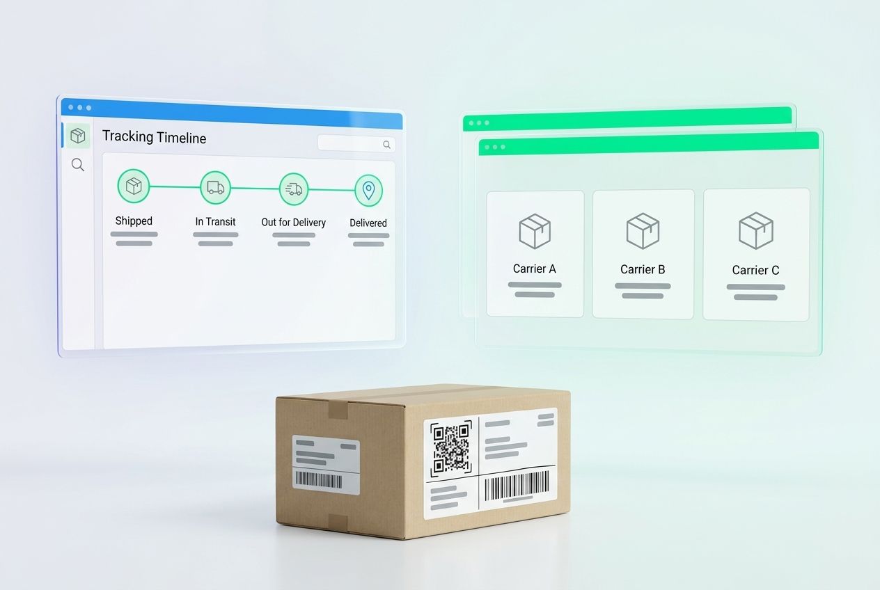 Een pakket met verzendlabel en een trackingoverzicht met drie vervoerders