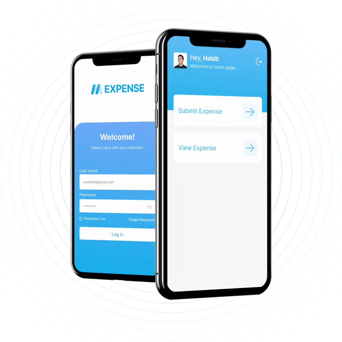 Twee telefoons met de m-Xpense-app: links het inlogscherm, rechts het startscherm met knoppen om onkosten in te dienen en te bekijken.